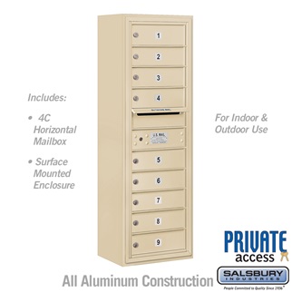 42 - 0.125 in. 11 Door High Unit Single Column 9 MB1 Doors Front Loading Surface Mounted 4C Horizontal Mailbox Unit, Sandstone - Private Access