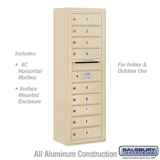 42 - 0.125 in. 11 Door High Unit Single Column 9 MB1 Doors Front Loading Surface Mounted 4C Horizontal Mailbox Unit, Sandstone - USPS Access