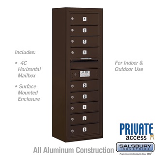 42 - 0.125 in. 11 Door High Unit Single Column 9 MB1 Doors Front Loading Surface Mounted 4C Horizontal Mailbox Unit, Bronze - Private Access