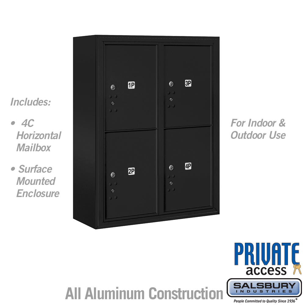 31.75 x 38.5 x 17 in. Surface Mounted 4C Horizontal Mailbox Unit - Front Loading - Private, Black