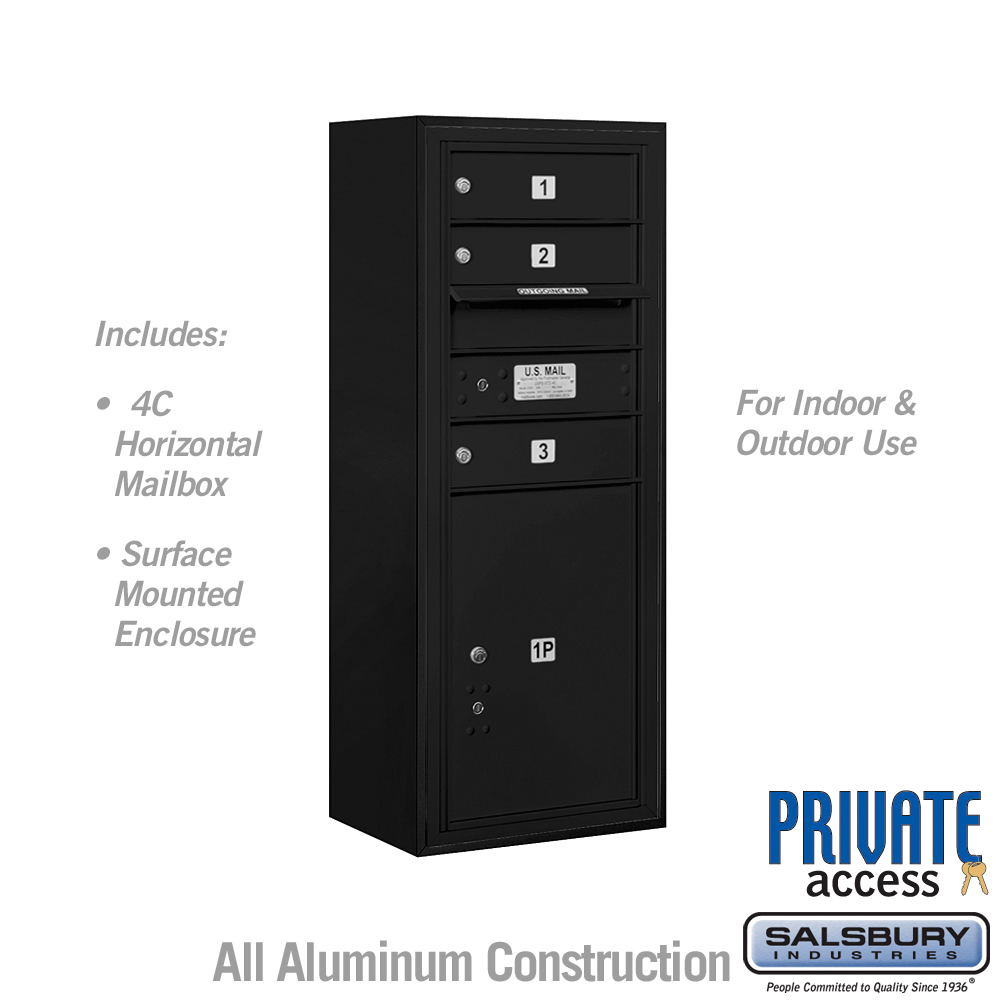 17.75 x 38.5 x 17 in. Surface Mounted 4C Horizontal Mailbox Unit - Front Loading - Private Access, Black