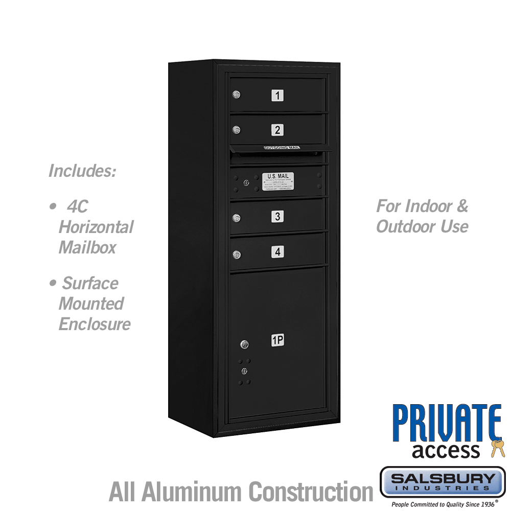 17.75 x 38.5 x 17 in. Surface Mounted 4C Horizontal Mailbox Unit - Front Loading - Private Access, Black