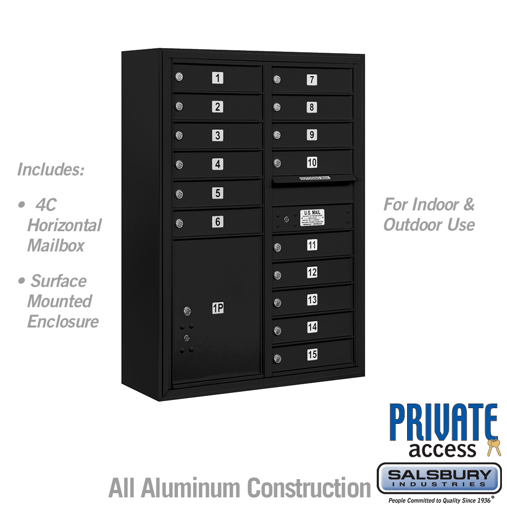 3811D-15BFP 31.75 x 42 x 17 in. Surface Mounted 4C Horizontal Mailbox Unit - Front Loading - Private Access, Black