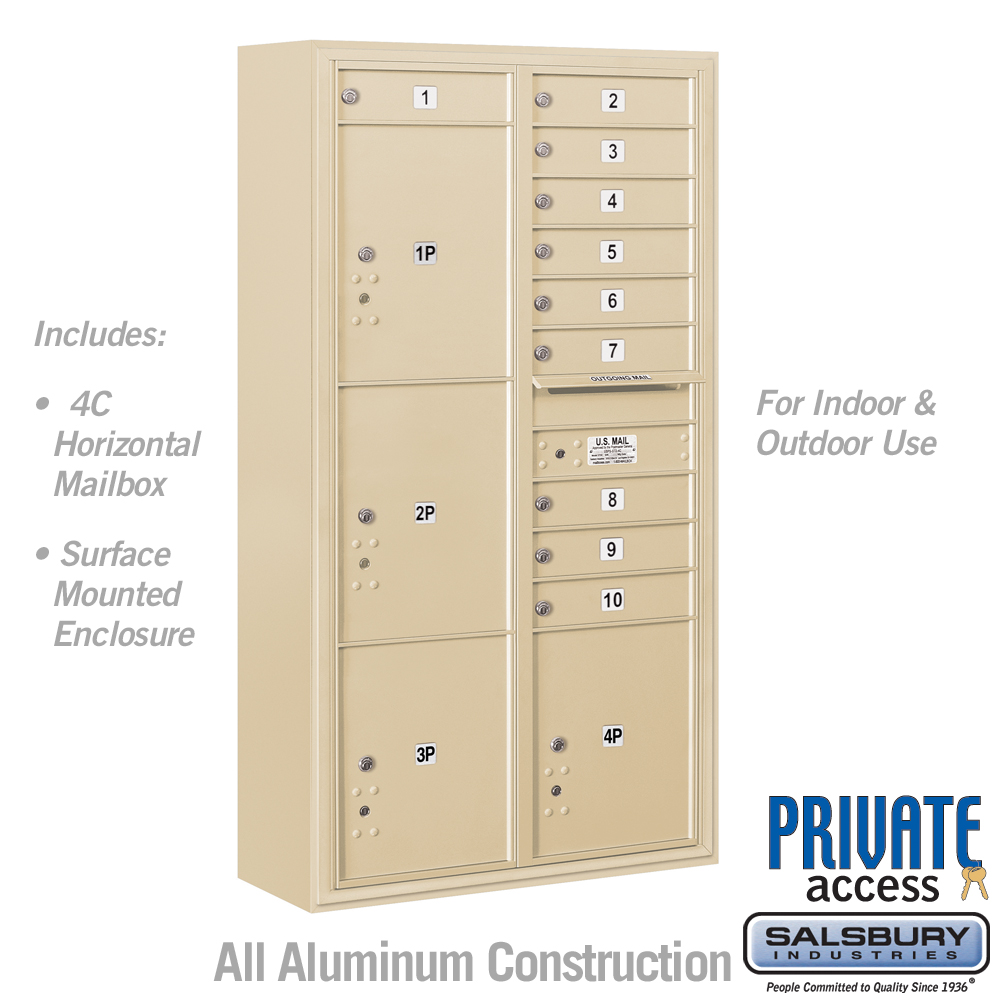 3816D-10SFP 31.75 x 57.75 x 17 in. Surface Mounted 4C Horizontal Mailbox Unit - Front Loading - Private A, Sandstone