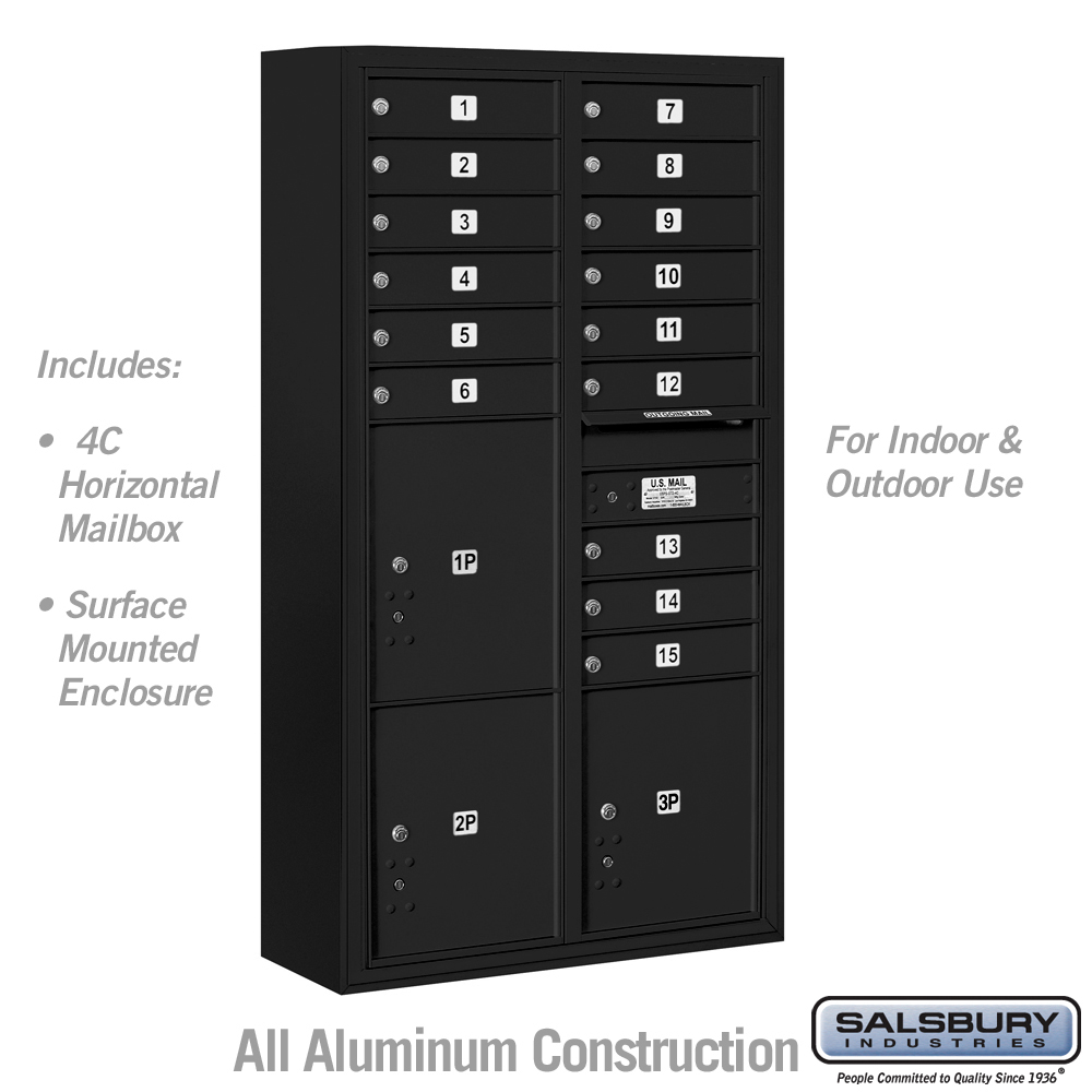 3816D-15BFU 31.75 x 57.75 x 17 in. Surface Mounted 4C Horizontal Mailbox Unit - Front Loading - USPS Access, Black
