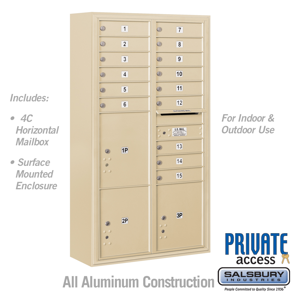 3816D-15SFP 31.75 x 57.75 x 17 in. Surface Mounted 4C Horizontal Mailbox Unit - Front Loading - Private Acc, Sandstone