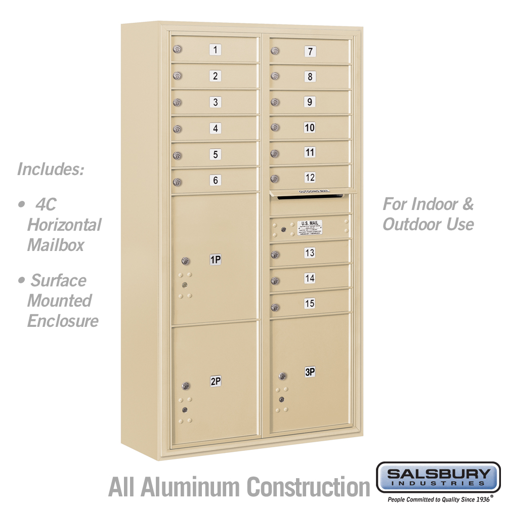 3816D-15SFU 31.75 x 57.75 x 17 in. Surface Mounted 4C Horizontal Mailbox Unit - Front Loading - USPS Access, Sandstone