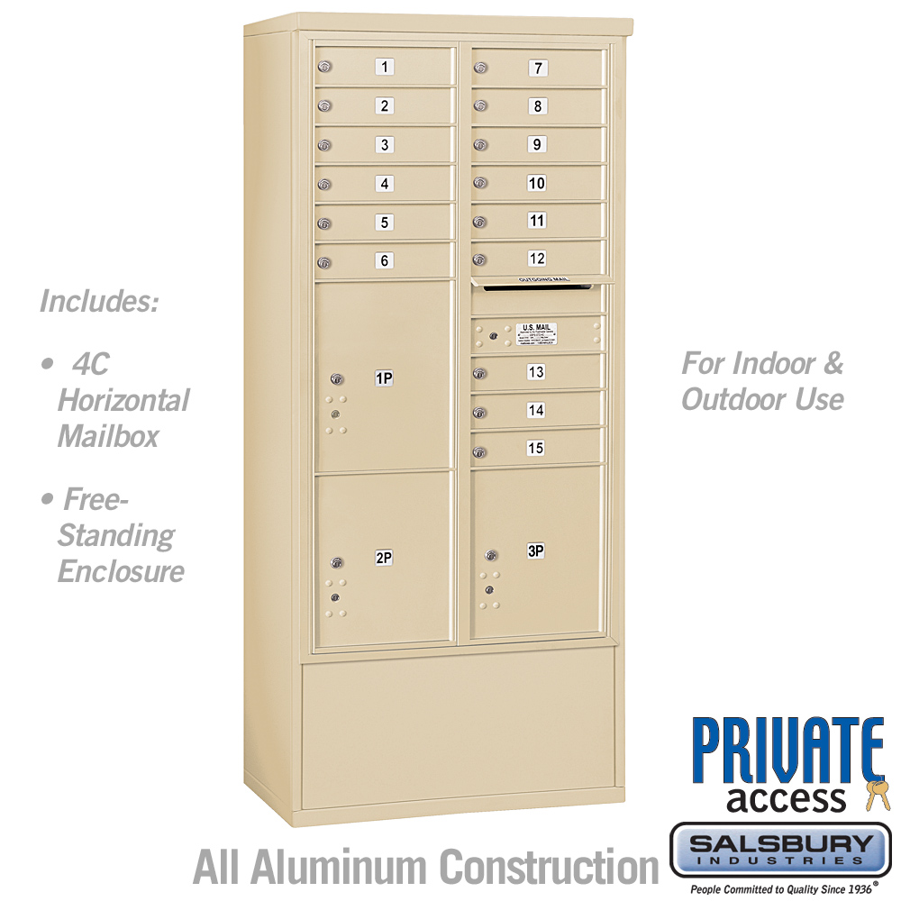 3916D-15ZFP 31.75 x 72.125 x 18.5 in. Free-Standing 4C Horizontal Mailbox Unit - Front Loading - Private Access, Sandstone