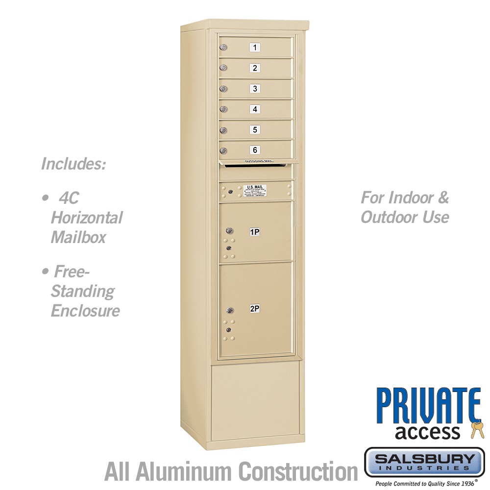 3916S-06SFP 17.75 x 72.125 x 18.5 in. Free-Standing 4C Horizontal Mailbox Unit - Front Loading - Private Access, Sandstone