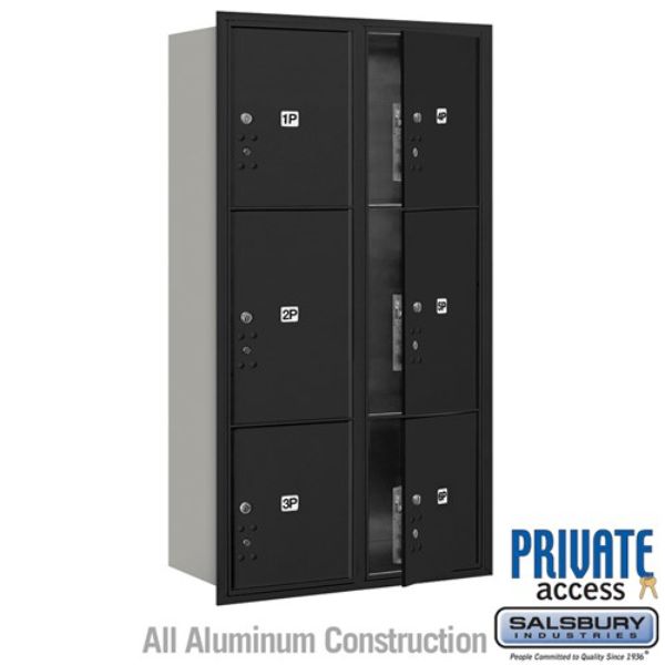 3716D-6PBFP Maximum Height Recessed Mounted 4C Horizontal Parcel Locker with 6 Parcel Lockers in Black with Private Access, Front Loading