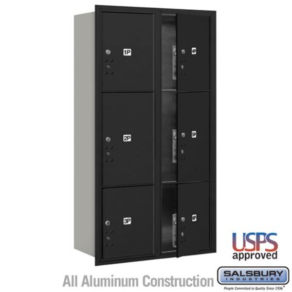 3716D-6PBFU Maximum Height Recessed Mounted 4C Horizontal Parcel Locker with 6 Parcel Lockers in Black with USPS Access, Front Loading