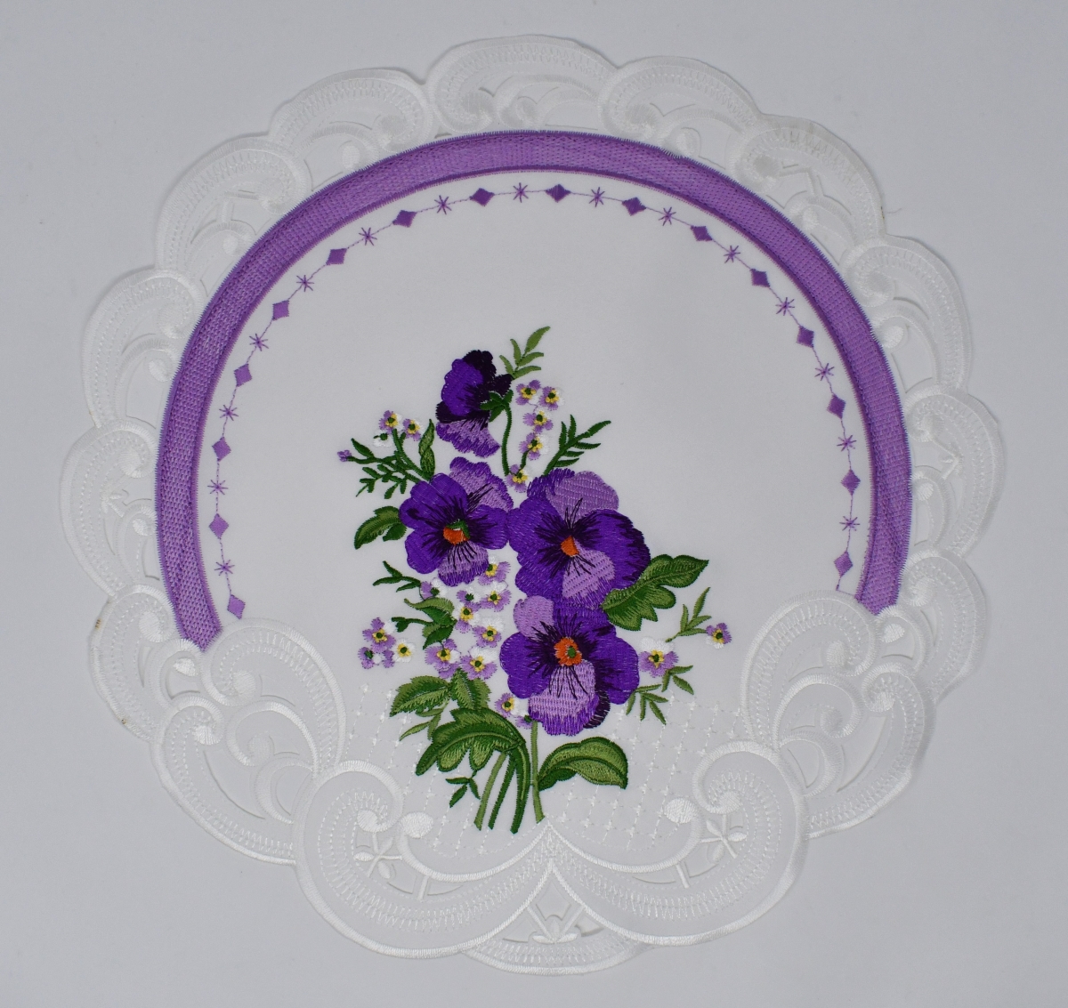 Picture of Sinobrite H0010-024 24 in. Purple Pansy on Cream Fabric Doily
