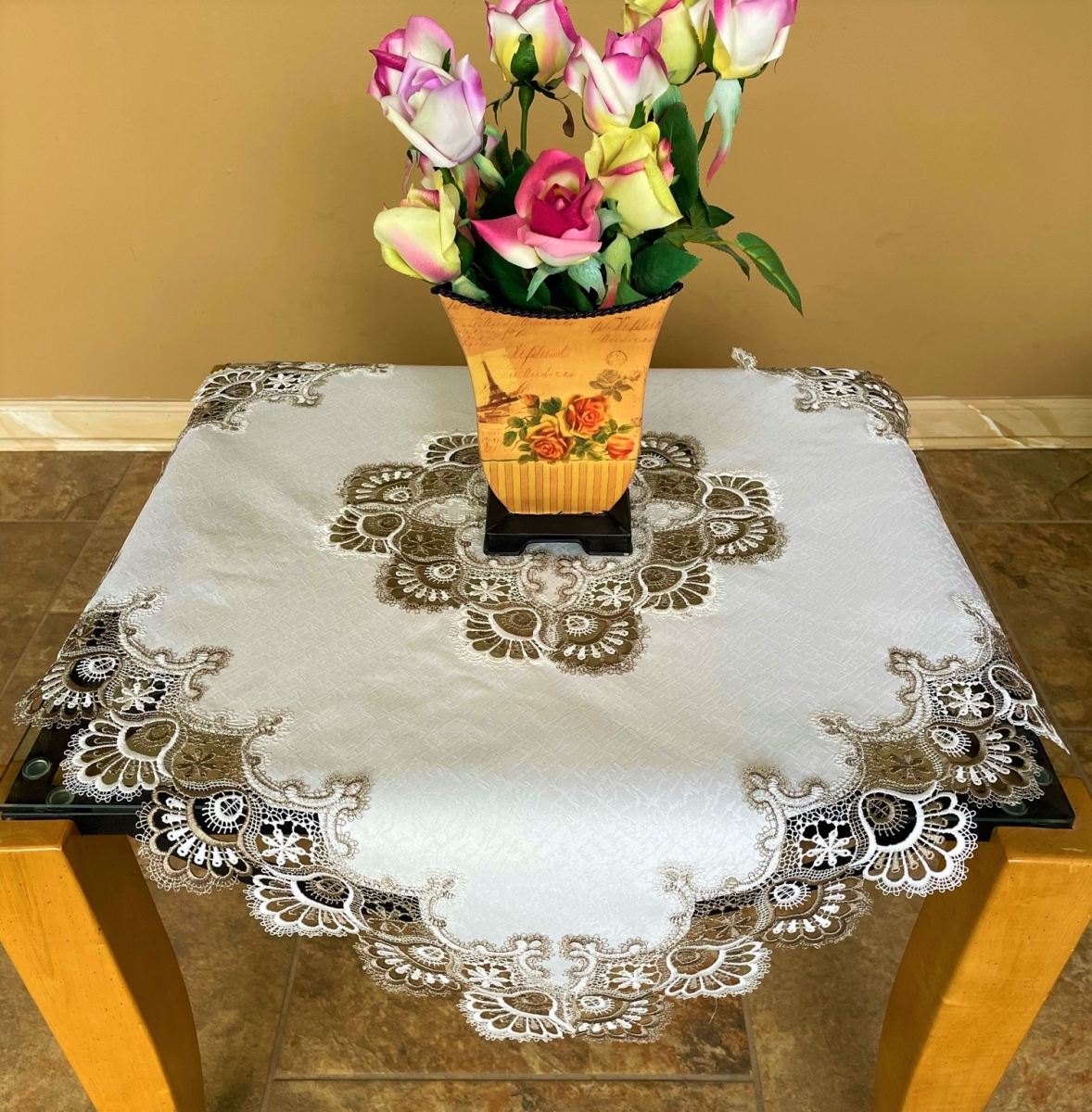 Picture of Sinobrite H8139-FF-34x34SQ 34 x 34 in. Cocoa European Lace with White Antique Fabric Square Table Topper