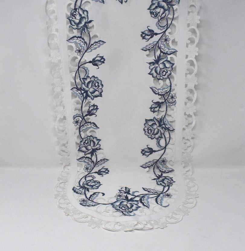 H8459-16x45 16 x 45 in. Blue Rose on White Fabric Table Runner