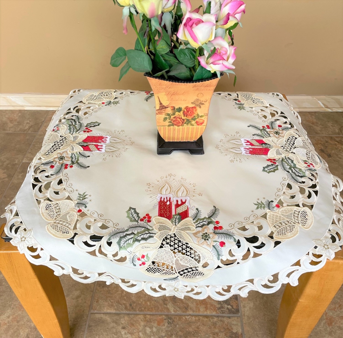 Picture of Sinobrite H8675-R-34x34RD 34 x 34 in. Red Candle & Bells Round Table Topper