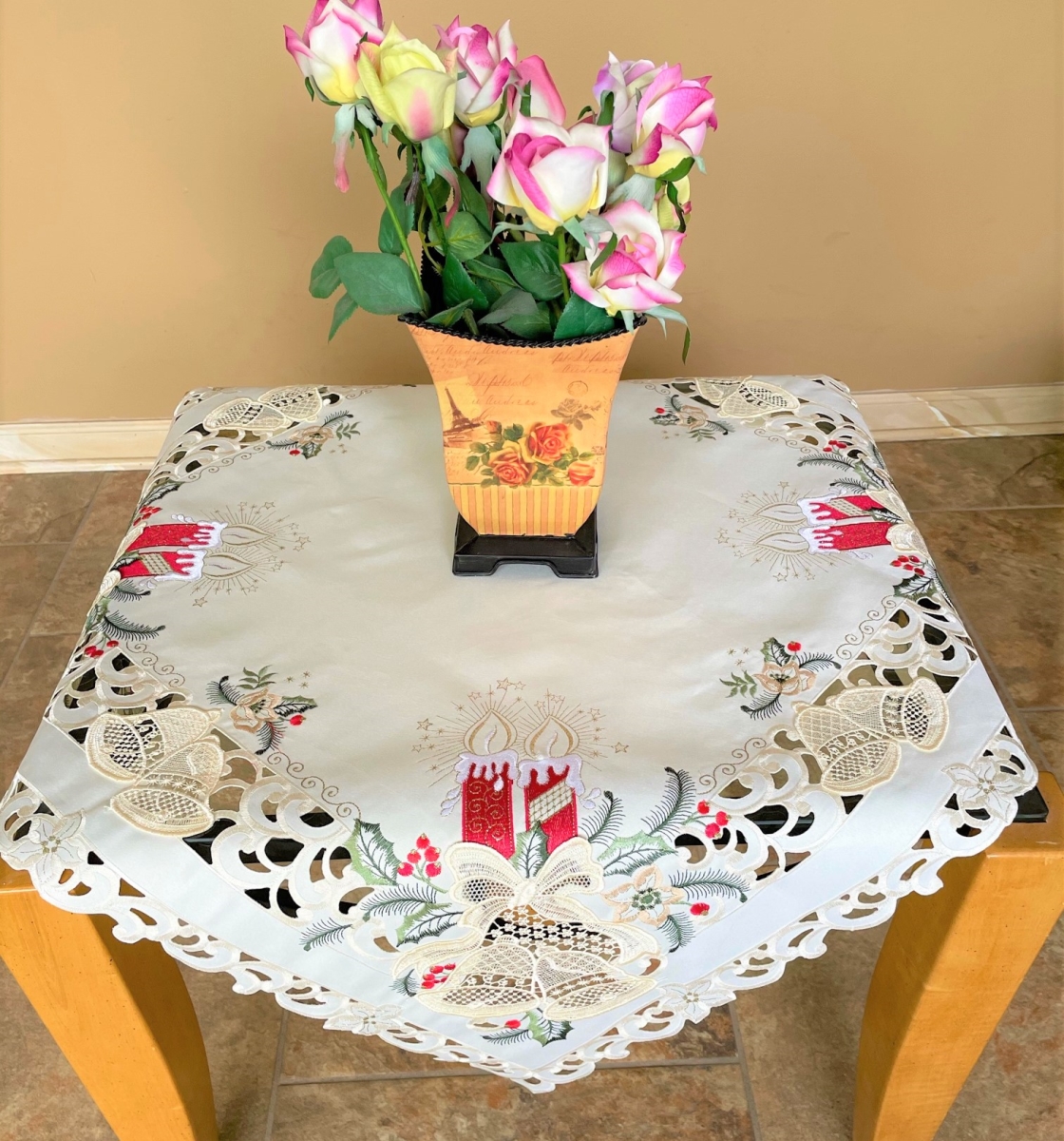 H8675-R-42x42SQ 42 x 42 in. Red Candle & Bells Square Table Topper
