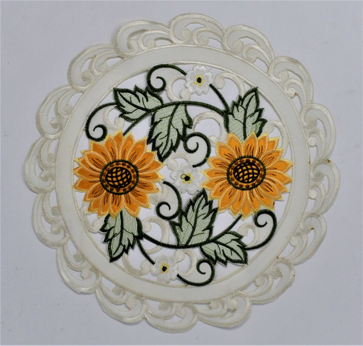 12 in. Sunflower on Cream Fabric Doily