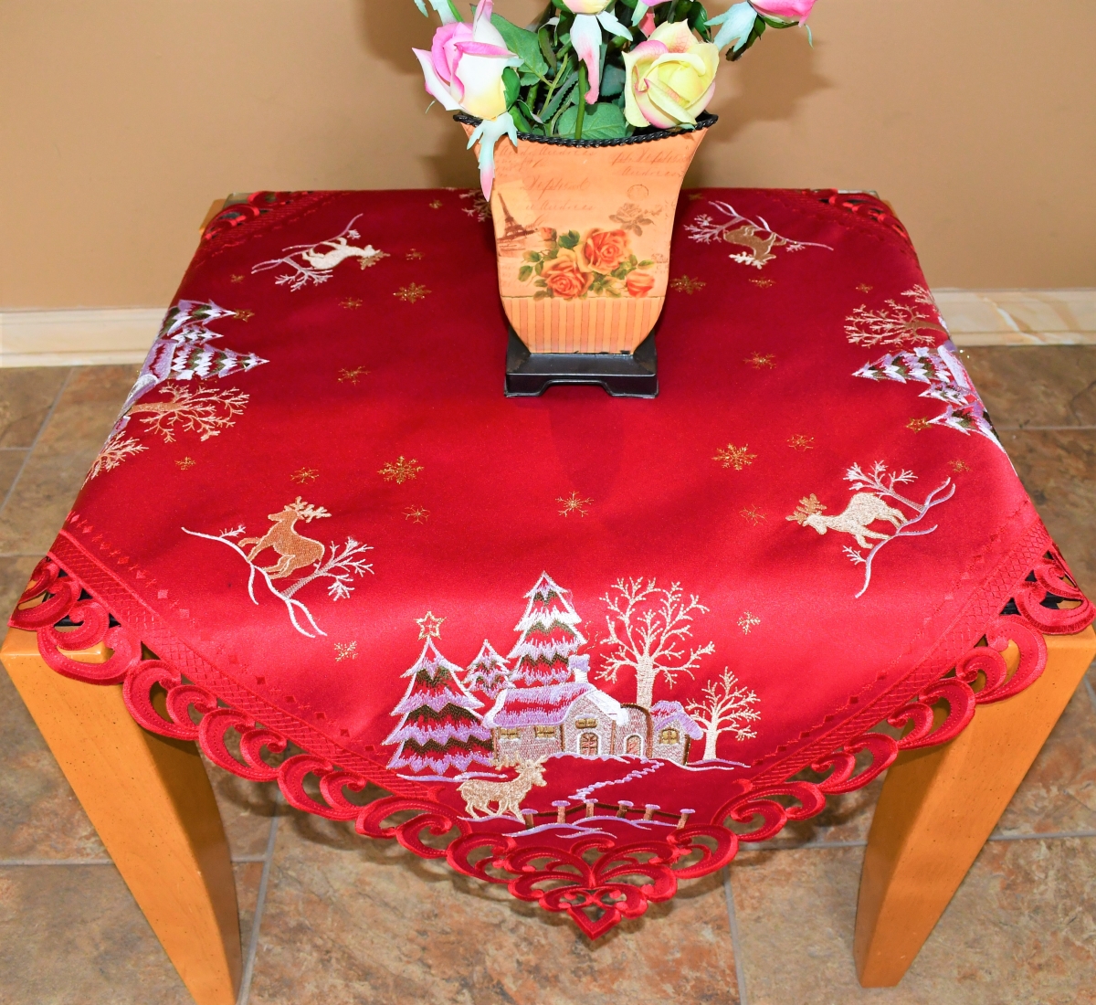 Picture of Sinobrite H8837-34x34SQ 34 x 34 in. Reindeer&#44; Snow House & Pine Tree Square Table Topper