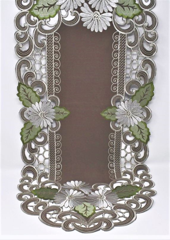 H8852-1-14x28 14 x 28 in. White Daisy Green Leaves on Brown Fabric Table Runner