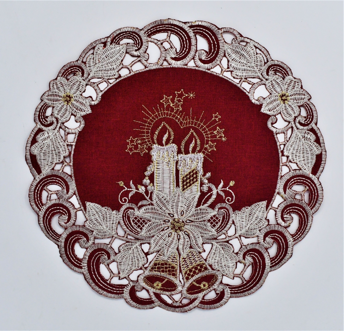 8 in. Candles, Bells & Poinsettia Red Fabric Doily