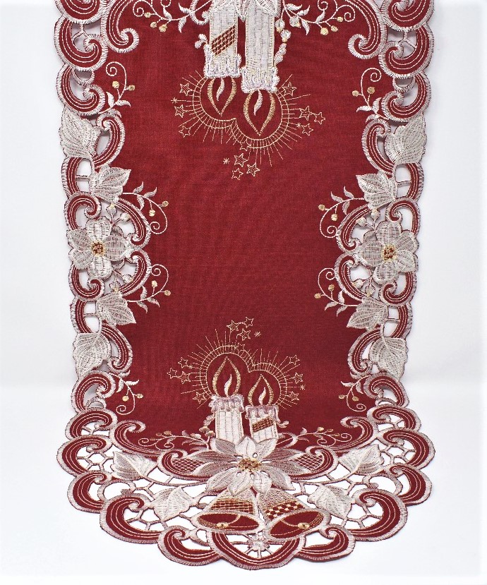 Picture of Sinobrite H8963-14x28 14 x 28 in. Candles&#44; Bells & Poinsettia Red Fabric Table Runner