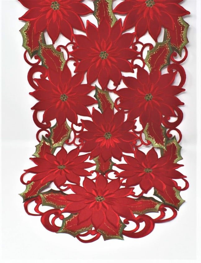 14 x 28 in. All Red Poinsettia with Green Leaves & Gold Trim Table Runner