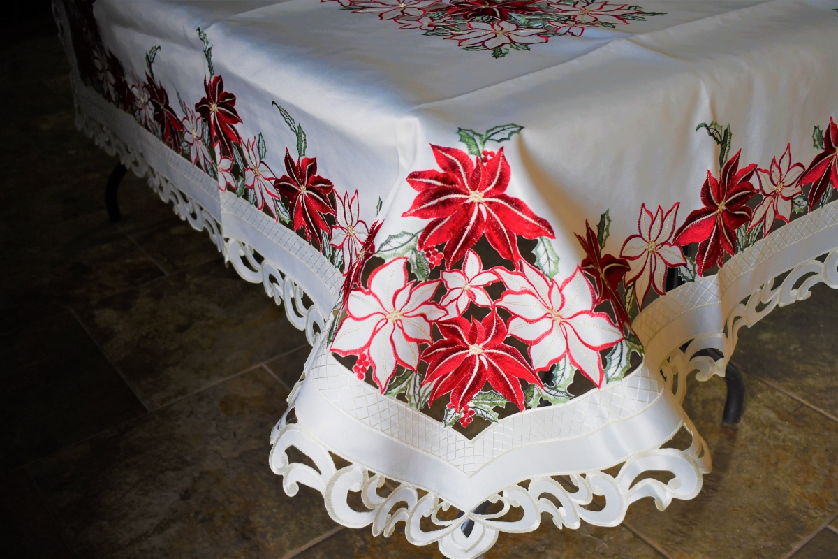 52 x 71 in. Red & White Poinsettia Allover Tablecloth