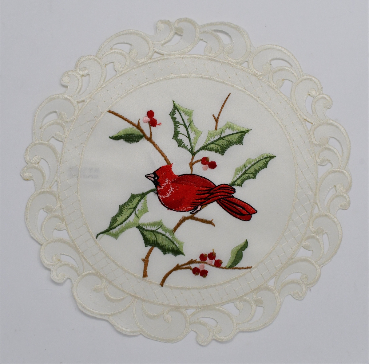 H9368-016 16 in. Cardinal on Holy Doily