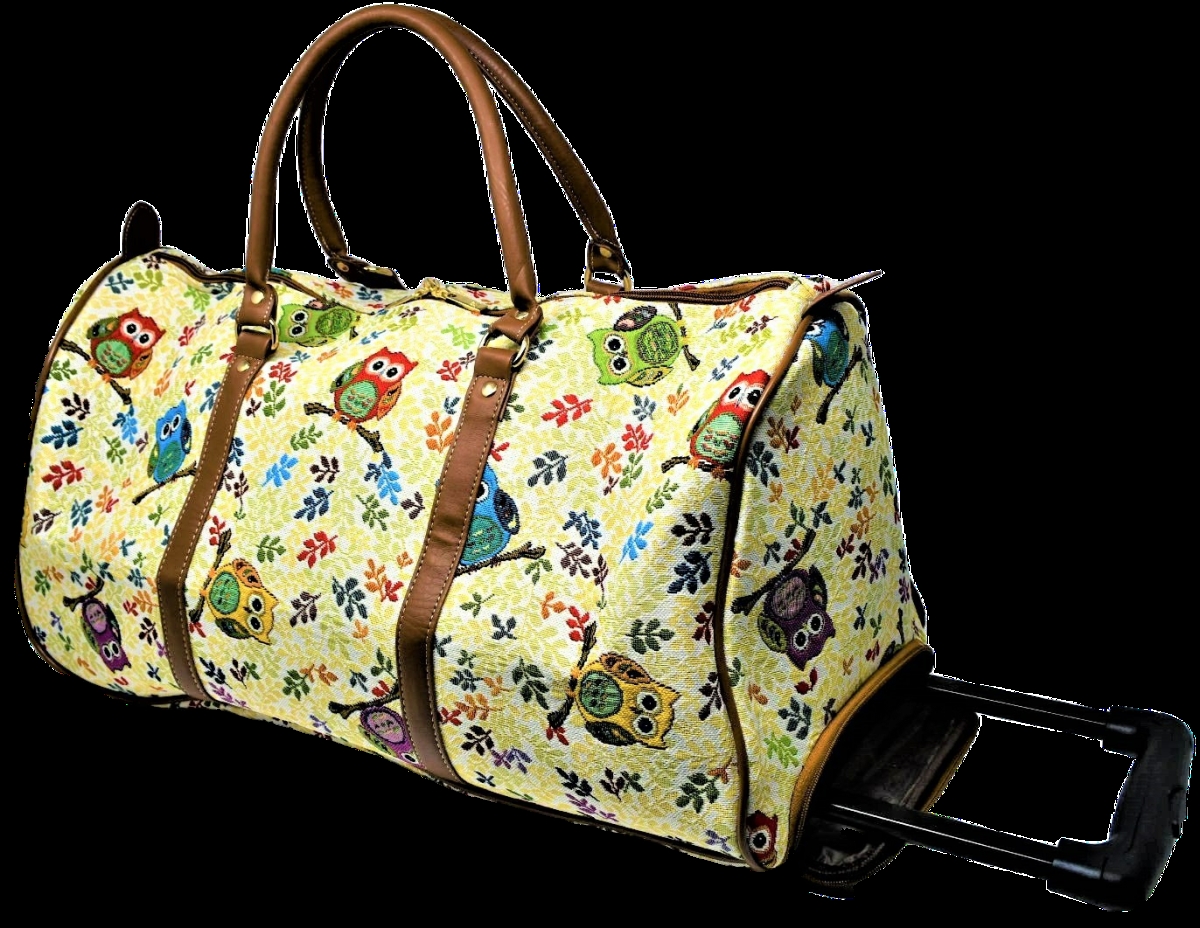 Tapestry Duffle Bag with Handle & Wheels - Owl