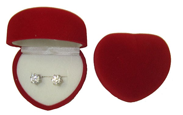SIMULATED DIAMOND WHITE EARRINGS in DOMED HEART BOX