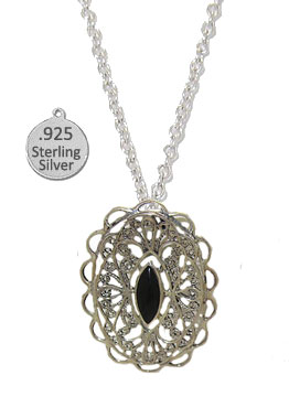 S7644OXN Sterling Silver CONCH Necklace Genuine Black Onyx