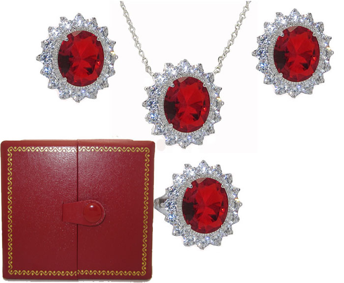 Picture of Designer Jewelry 12456RSETS Princess Kate 3 Pcs Boxed Wholesale Set Ruby Simulated Diamond