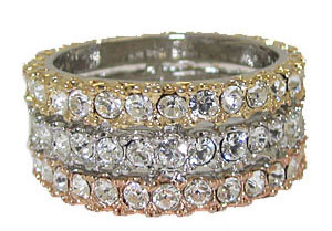 Three tone band  Silver  Rose Gold and Gold  white crystals ring