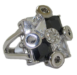 Jet Black & Clear White Free Form Austrian Crystal Ring - size 10
