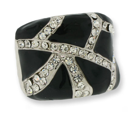 Silver Clear White Crystal & Black Epoxy Ring