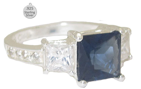 CR39 Silver White & Dk Blue Sapphire CZ Ring