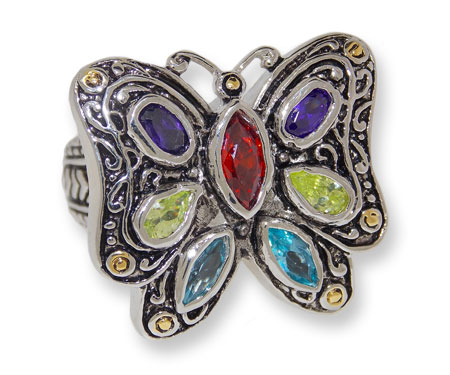 Antiqued silver and Dark Multi CZ wholesale butterfly ring