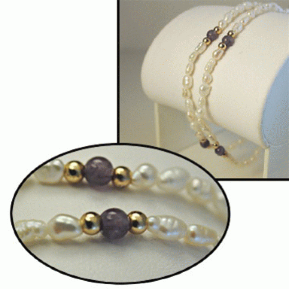 Picture of Designer Jewelry AMYPEARLBRAC Biwa Pearl Amethyst Bracelet 2 strand gemstone 7.5&quot; yellow gold plate bead NWT