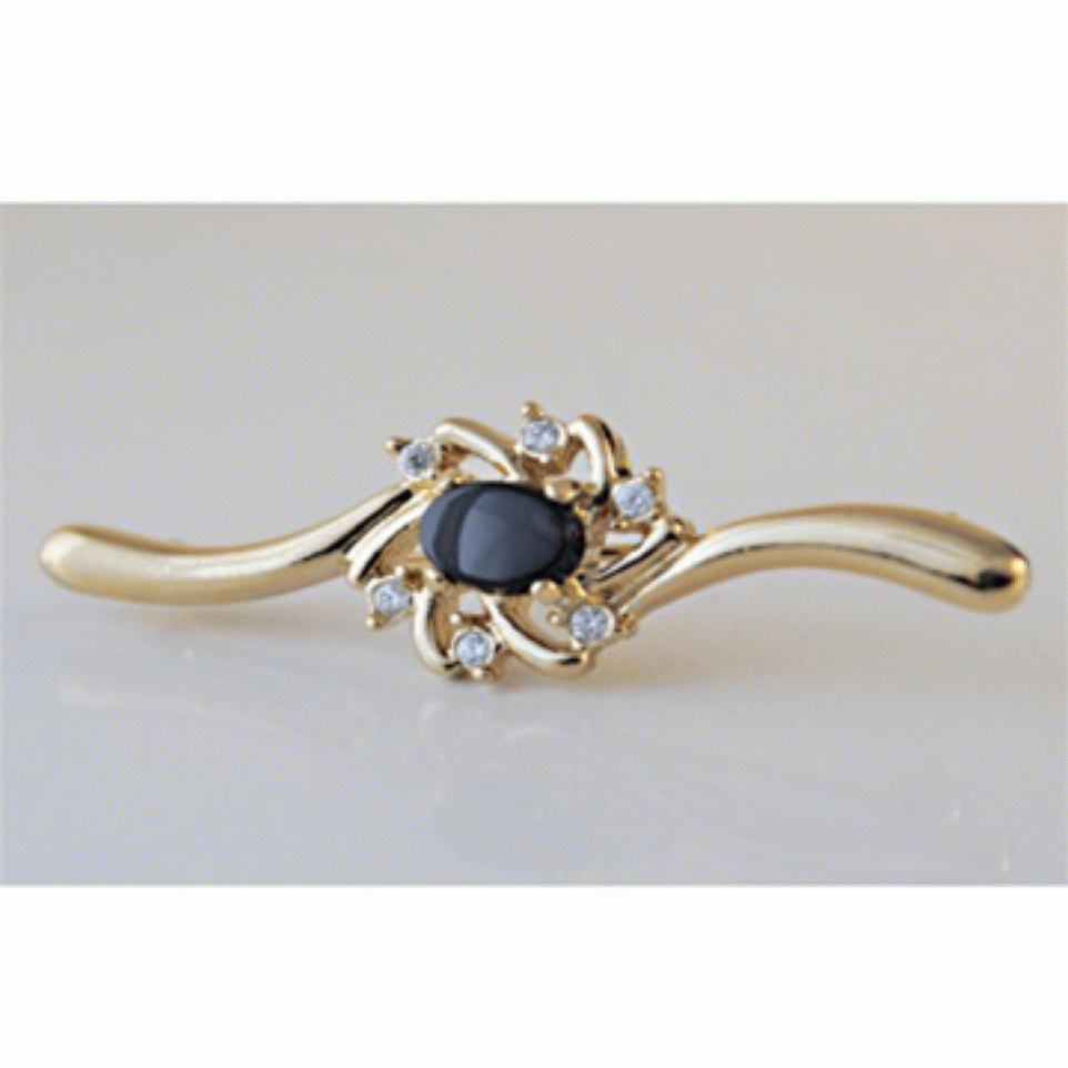 Picture of Designer Jewelry BLAKONYXPIN Black Onyx Gemstone Cubic Zirconia Brooch yellow gold plate pin oval stone NWT 