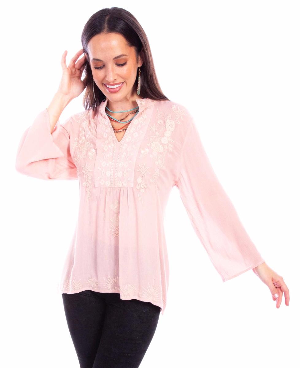 HC878-BLS-M Women Leather Pullover V Neck Embroidered Long Sleeve Blouse, Blush - Medium