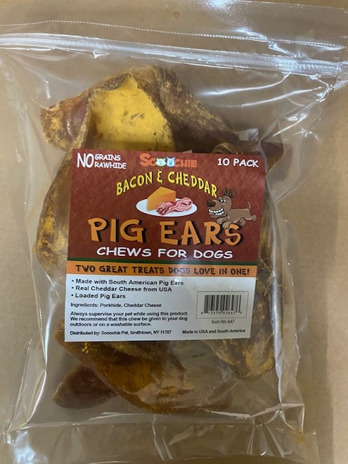 Picture of Scoochie Pet 647 Bacon & Cheddar Loaded Pegable Pig Ears Chew - Pack of 10