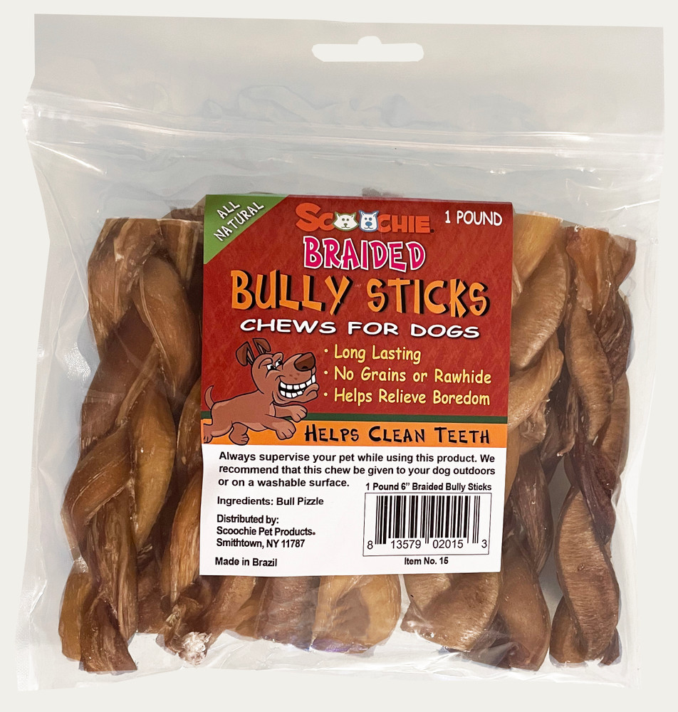 15 1 lbs 6 in. Braided Bully Sticks Treats in Zip Lock Bag for Dogs -  Scoochie Pet Products