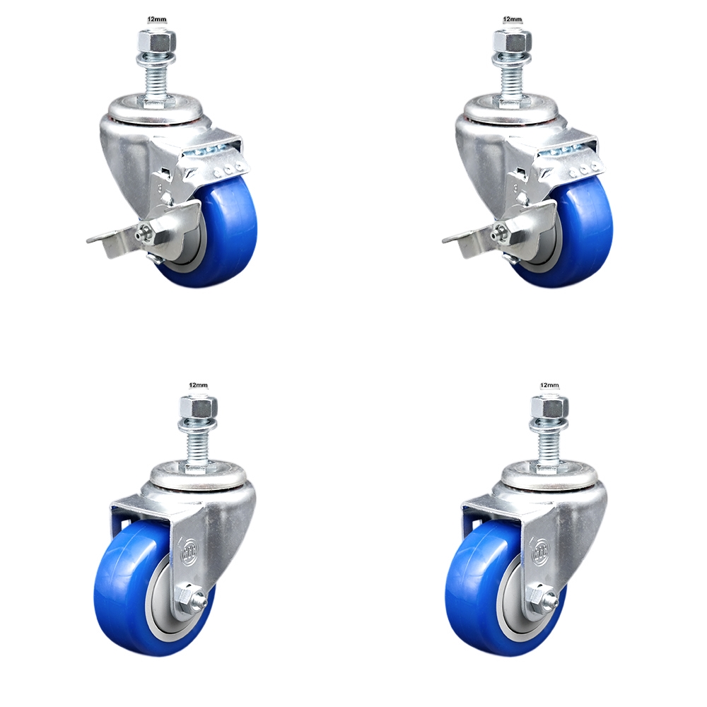 Stainless Steel Polyurethane Swivel Threaded Stem Caster with 3 x 1.25 in. Blue Wheels & 12 mm Stems - Set of 4