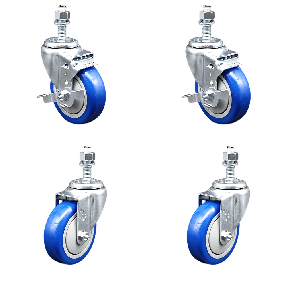 Stainless Steel Polyurethane Swivel Threaded Stem Caster with 4 x 1.25 in. Blue Wheels & 12 mm Stems - Set of 4
