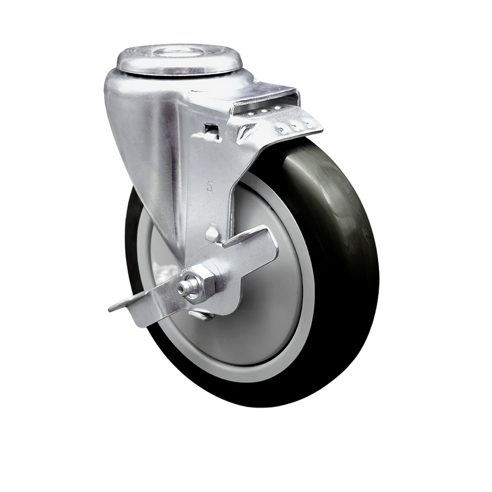SCC-SSBH20S514-PPUB-BLK-TLB Stainless Steel Polyurethane Swivel Bolt Hole Caster with 5 x 1.25 in. Black Wheel & Top Locking Brake