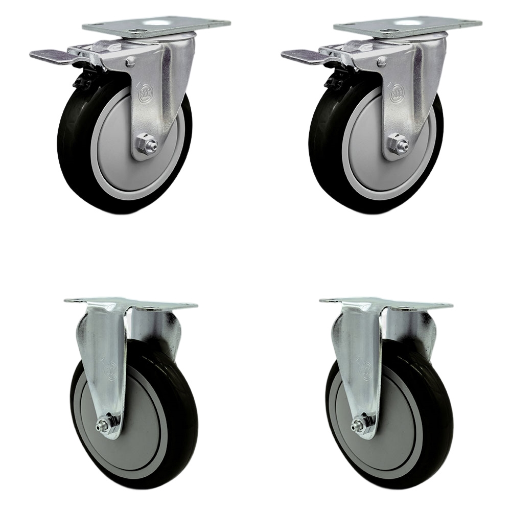 Stainless Steel Polyurethane Top Plate Caster with 5 x 1.25 in. Black Wheels, 2 Swivel Casters with Total Locking Brake & 2 Rigid - Set of 4