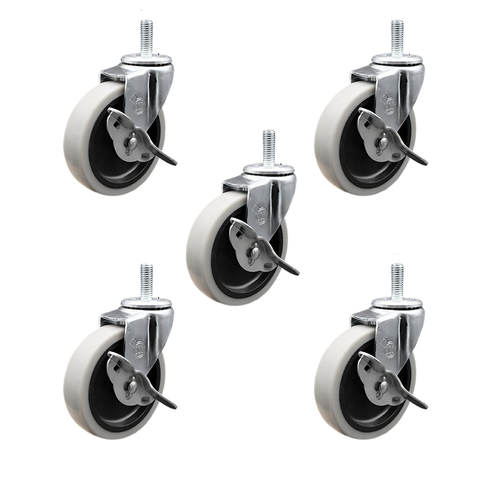 SCC-TS05S410-TPRS-SLB-M815-5 4 in. Swivel Thermoplastic Rubber Caster Wheels with 8 mm 1.25 TPI x 1.5 in. Threaded Stem Caster with Brake - Set of 5