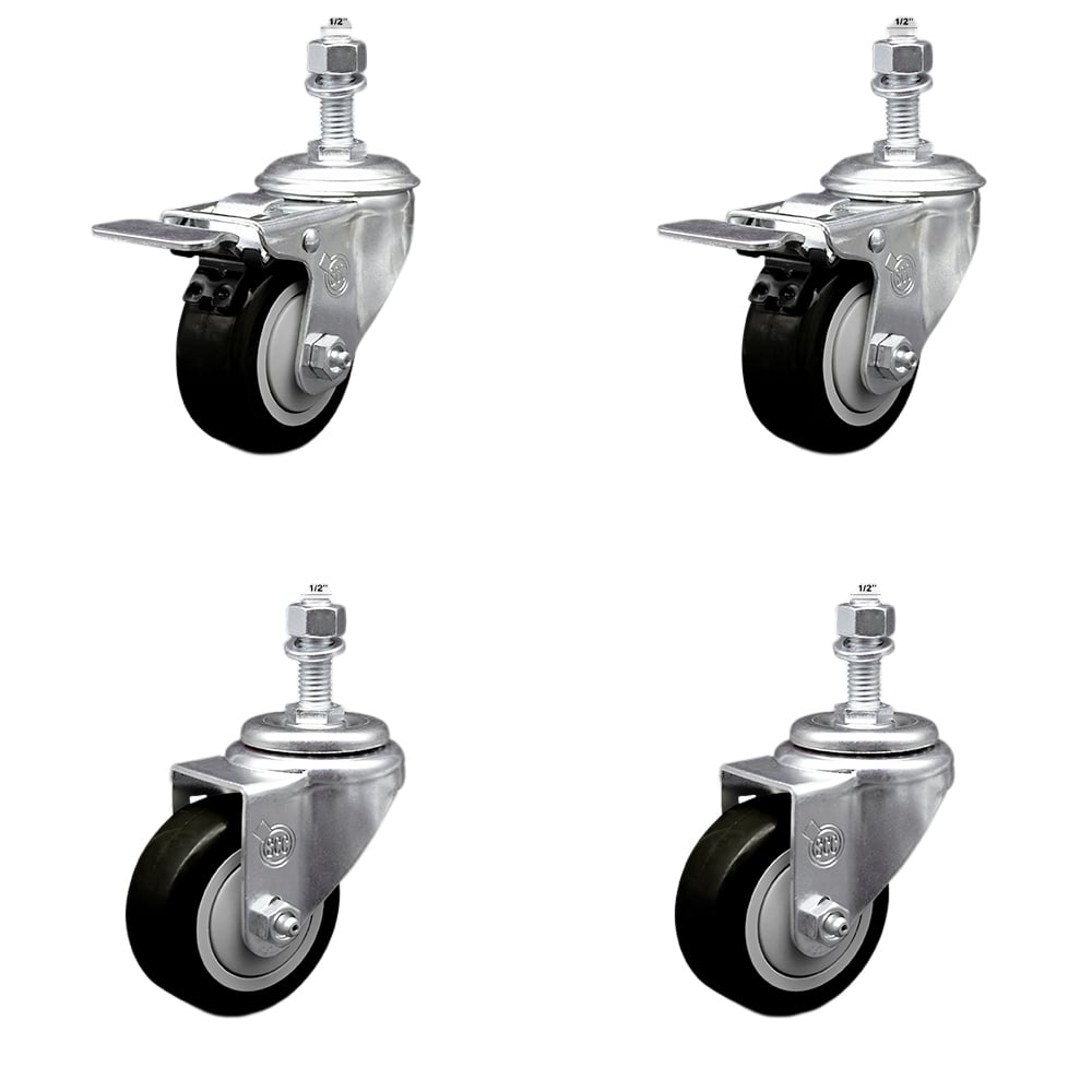 Stainless Steel Polyurethane Swivel Threaded Stem Caster with 3 x 1.25 in. Black Wheels & 0.5 in. Stems - Set of 4
