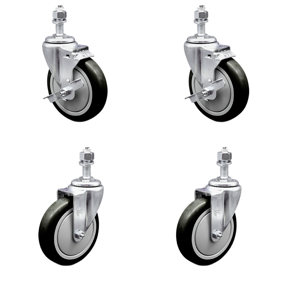 Stainless Steel Polyurethane Swivel Threaded Stem Caster with 5 x 1.25 in. Black Wheels & 0.5 in. Stems - Set of 4