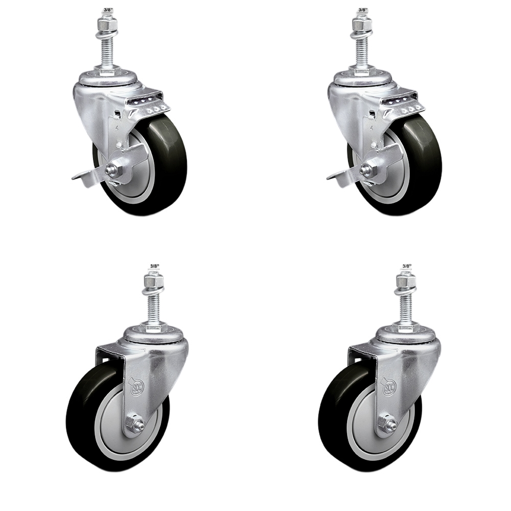 Stainless Steel Polyurethane Swivel Threaded Stem Caster with 4 x 1.25 in. Black Wheels & 0.38 in. Stems - Set of 4